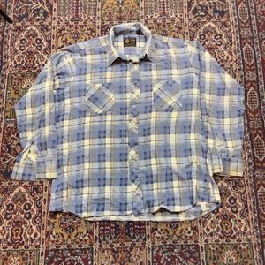 VTG 60s 70s Pine Hill Cotton Plaid Flannel Long Sleeve Button Up Shirt XL blue